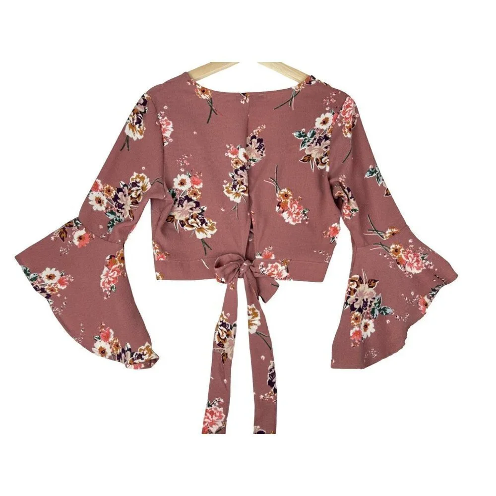 Iris Mauve Faux Wrap Bell Sleeve Crop Top Size Medium